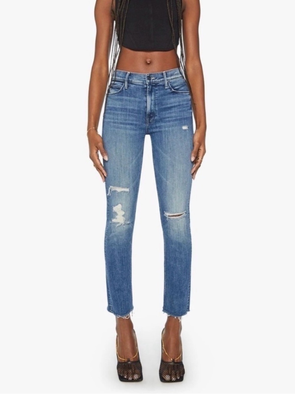MOTHER The Swooner Ankle Fray Jeans 26 Weekend Warrior Distressed High Rise